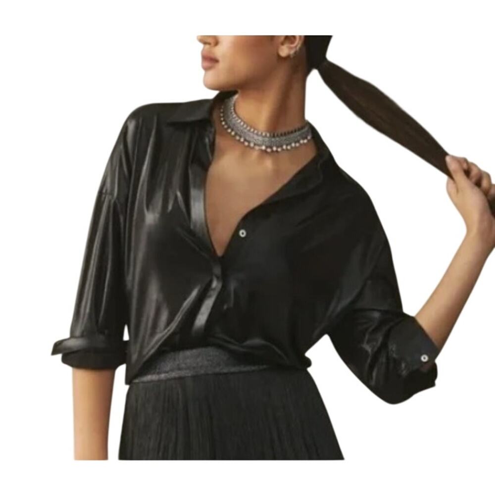 Anthropologie The Gillian Liquid Shine Shirt Womens Size 2X Black Button Top
